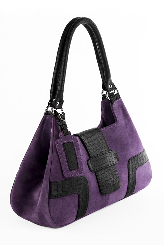 Amethyst purple and satin black women's dress handbag, matching pumps and belts. Worn view - Florence KOOIJMAN